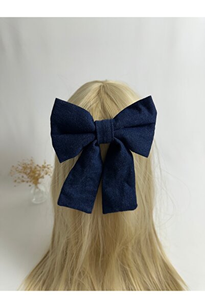 MegssStore مشبك أوتوماتيكي على شكل فيونكة من قماش الدنيم باللون الأزرق الداكن