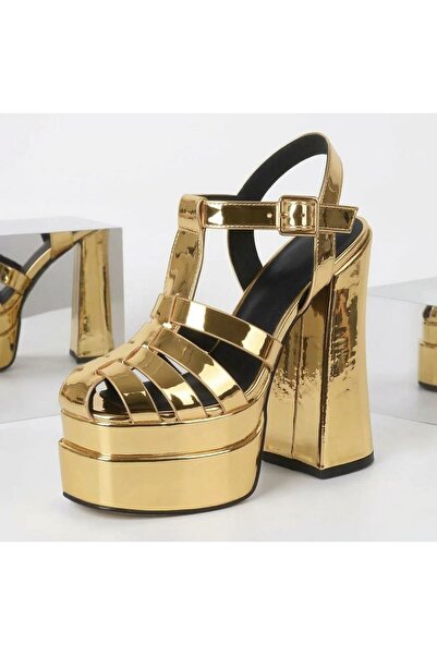 Tarz Topuklar Camila Gold Mirror Double Platform Design Women's Shoes