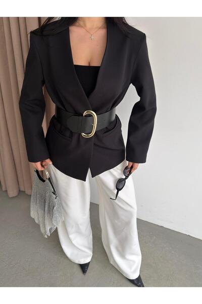 aytenli Oversized Double Wide Belt Piece V-Neck Lined Buttonless Hidden Pocke...