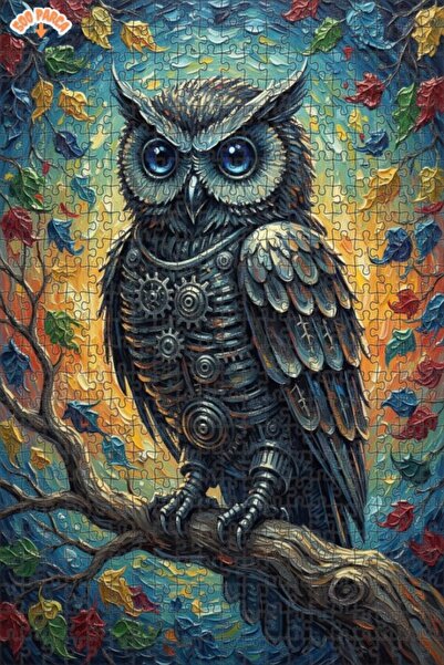 Esranın Dünyası Mechanical Owl Oil Painting Look Double Layer Framed Wooden P...
