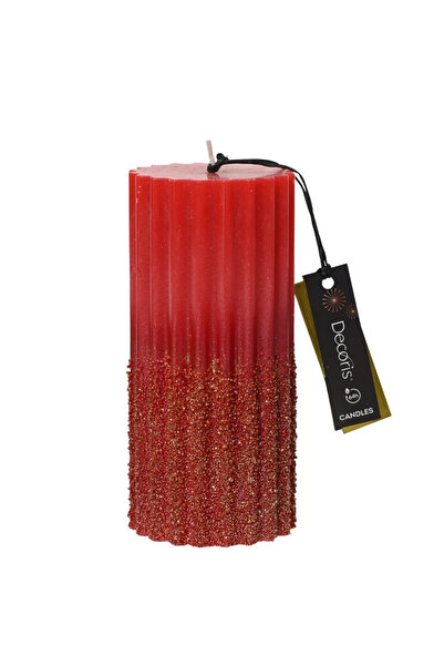 OEM Κερί κολόνας με χάντρες glitter, ύψος 15 εκατοστά, κόκκινο