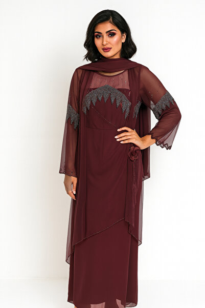 FOR WOMEN Women’s Embroidered Chiffon Evening Dress – Burgundy