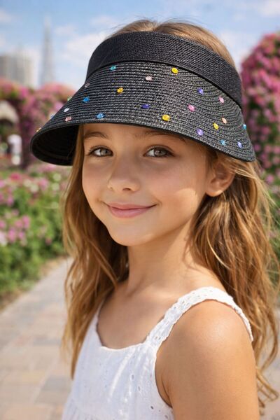 MARBERRY قبعة بناتي ذات حاجب من القش باللون الأسود مطرز للأعمار من 10 إلى 18 سنة