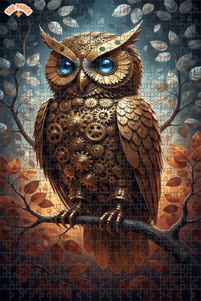 Esranın Dünyası Mechanical Owl Art Print Double Layer Framed Wooden Puzzle 50...