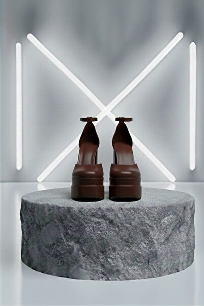 Tarz Topuklar Figooo Brown Leather Double Platform Block Heel Pack Women's Sh...