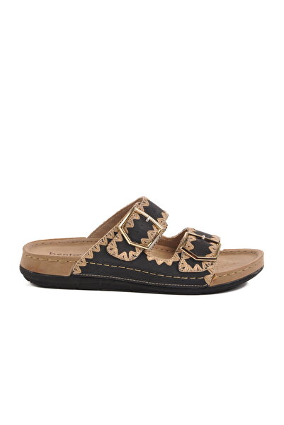 Aspor Black Anatomical Double Striped Women's Flat Slippers