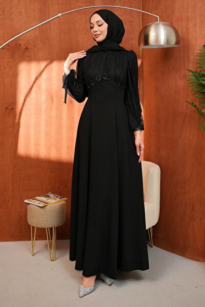 İmajButik Black Sleeveless Evening Dress with Back Tie Detail