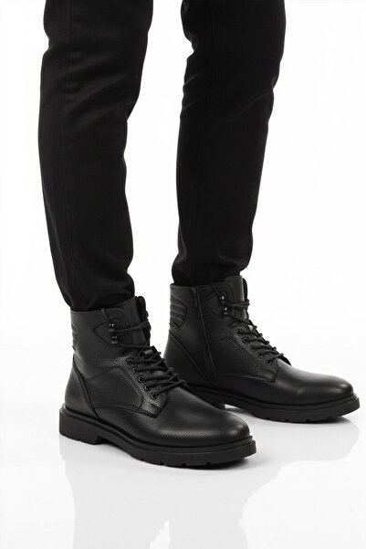 Aspor Black Fleece Lined Zippered Lace-Up Men's Boots