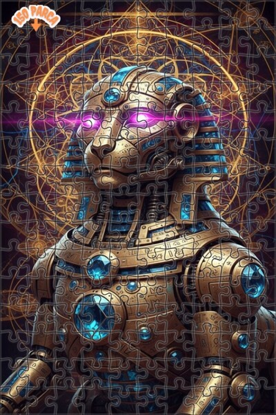 Esranın Dünyası Mysterious Sphinx Robot Digital Art Looking Wooden Puzzle wit...