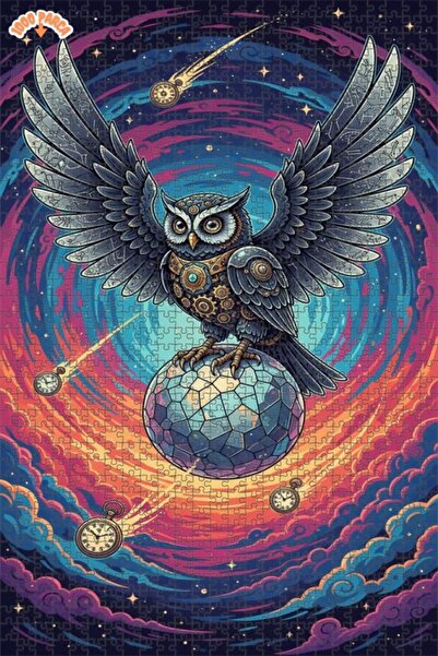 Esranın Dünyası Steampunk Owl Time Traveler Double-Layer Framed Wooden Puzzle...