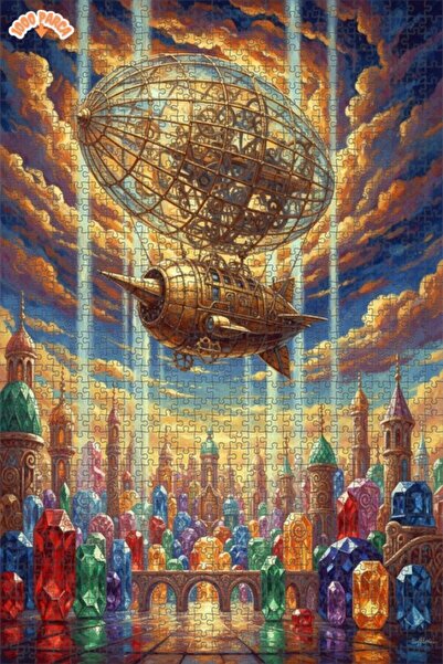 Esranın Dünyası Steampunk Airship Crystal City Oil Painting Double-Layer Fram...