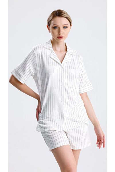 Espuar Дамски комплект пижама от памук с риза с яка и копчета и шорти с райета