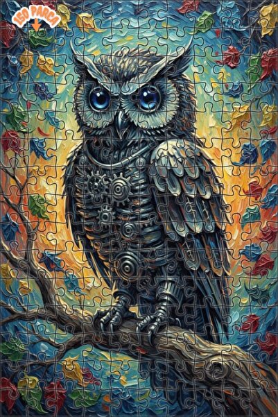 Esranın Dünyası Mechanical Owl Oil Painting Look Double Layer Framed Wooden P...