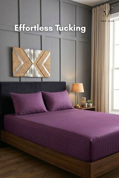 View star 3-Piece Striped Fitted Purple Bed Sheet Set with 2 Pillowcases, Soft Breathable Bedding