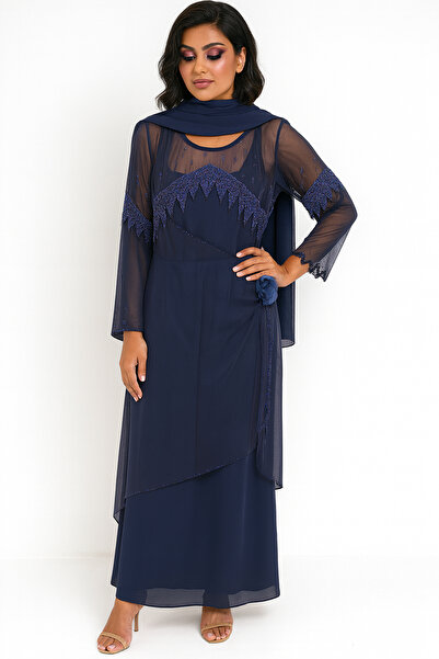 FOR WOMEN Women’s Embroidered Chiffon Evening Dress – Navy Blue