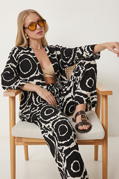 Lovelyİstanbul cu model Set pantaloni kimono de vară viscoză LRN0013 NEGRU ALB