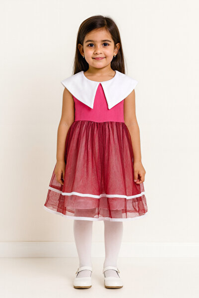 FOR GIRLS Girls' Sleeveless Layered Tulle Dress with White Collar - Red