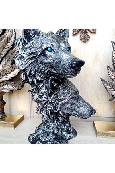 ACAYİPBİUSTA Dekoratif İkili Kurt Büstü Heykeli - Gümüş Eskitme Mistik Kurt B...