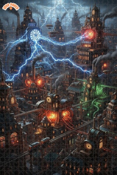 Esranın Dünyası عاصفة في السماء في مدينة البخار مزدوج الطبقات بازل خشبي مؤطر ...