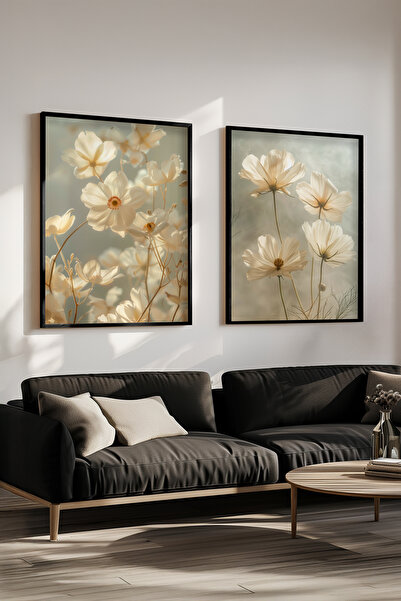 STARYUNA Black Wooden Framed White Cosmos Flowers Double Painting Set Yuna641