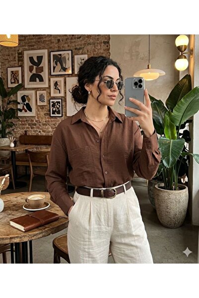 tülaybutik kadın kahverengi oversize geniş salaş kalıp müslim kumaş gömlek