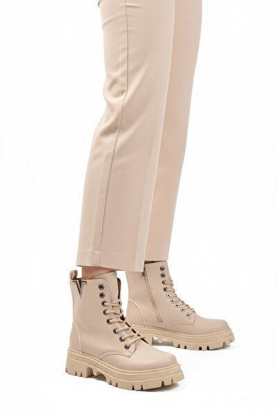 Aspor Beige Lace-Up Zippered Women's Worker Boots