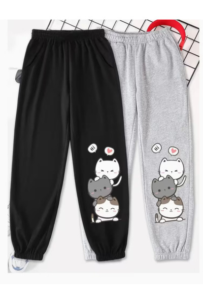 Oceanwear Kedi Printed Black and Gray Elasticated Hem 2-Piece Women'S-Girls S...