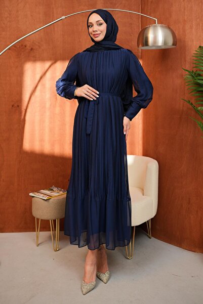 İmajButik Navy Blue Waist Belted Tulle Detail Dress