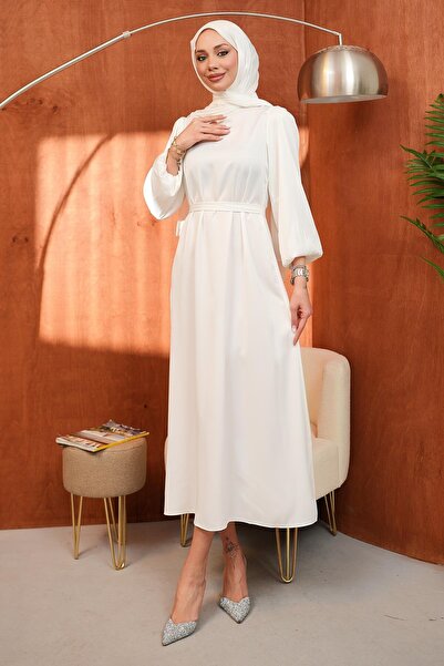 İmajButik Екру рокля с висока яка, балонни ръкави и сатенен плат