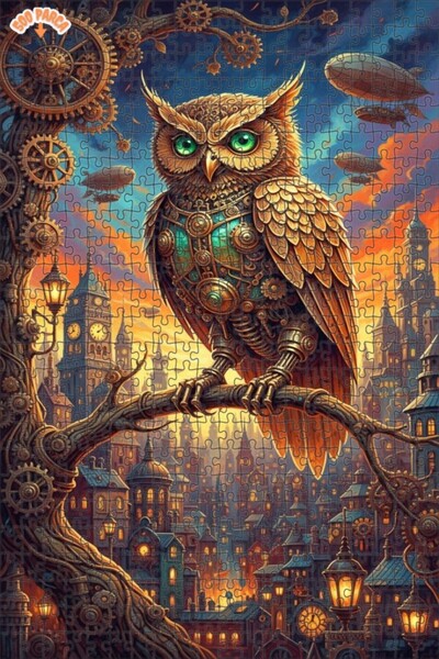 Esranın Dünyası لوحة زيتية لمنظر مدينة البومة الميكانيكية، لغز خشبي بإطار ذو ...