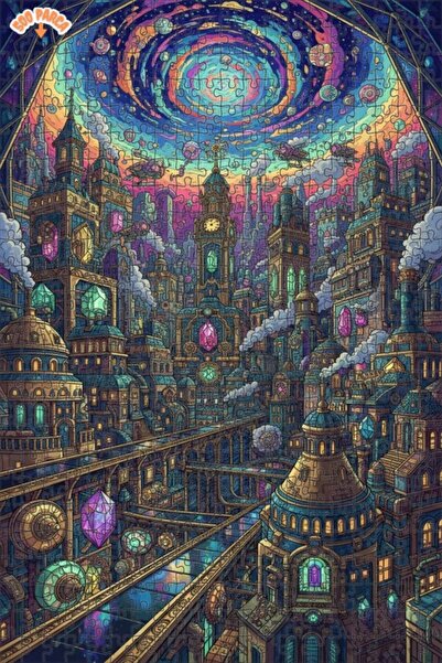 Esranın Dünyası Sky Blue Crystal City Spiral Sky Double-Layer Framed Wooden P...