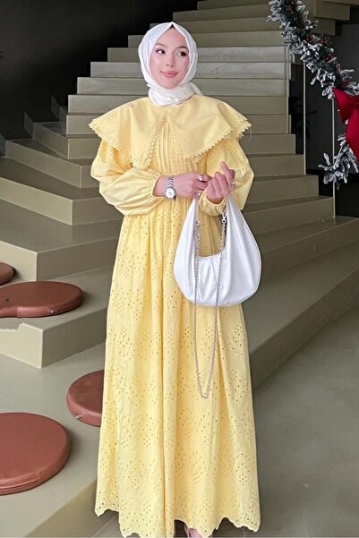 Safgiyim44 Cape Collar Lace Detailed Dress - Yellow