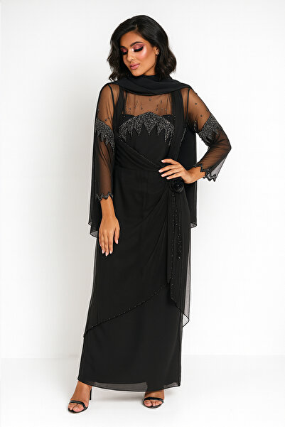 FOR WOMEN Women’s Embroidered Chiffon Evening Dress – Black