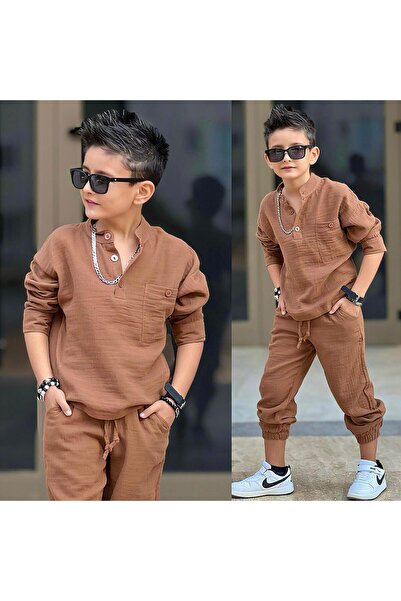 Bambam Set de muselină maro pentru băieți – Set din 2 piese cu guler Hakim 12002