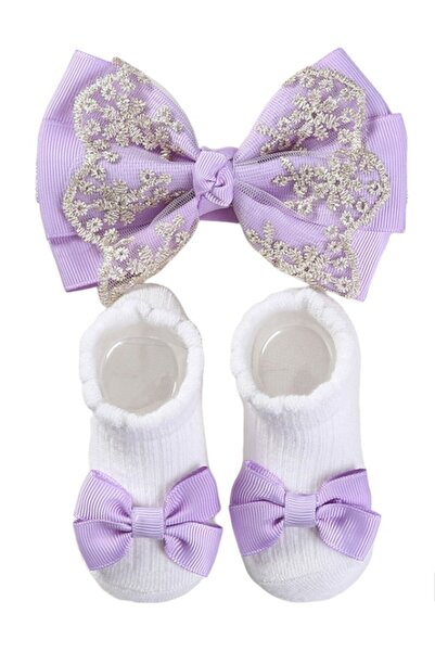 Bambimici - Aaliyah Socks & Cute Ribbon Big Bow Headband Set - Purple