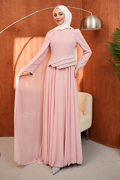 İmajButik Powder Pearl Embroidered Cape Evening Dress