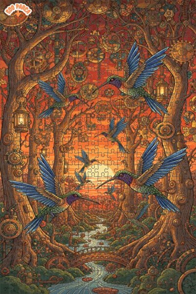 Esranın Dünyası Mechanical Forest Hummingbirds Oil Painting Lookalike Double-...