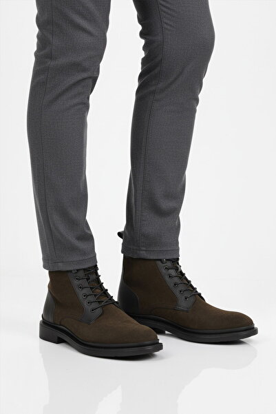 Aspor Khaki Suede Genuine Leather Lace-Up Men's Classic Boots