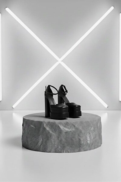 Tarz Topuklar Figooo Black Leather Double Platform Block Heel Pack Women's Sh...