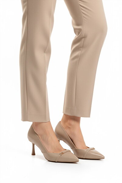 Aspor Beige Wrinkled Women's Heeled Shoes