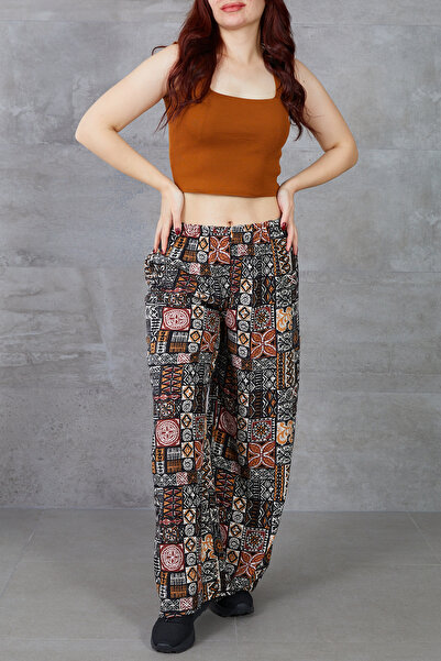 zenne Ethnic Pattern Comfortable Fit Wide-Leg Casual Trousers Brown