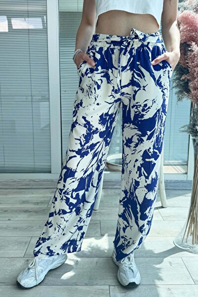 zenne Patterned Elastic Waist Comfortable Fit Wide-Leg Pants Indigo