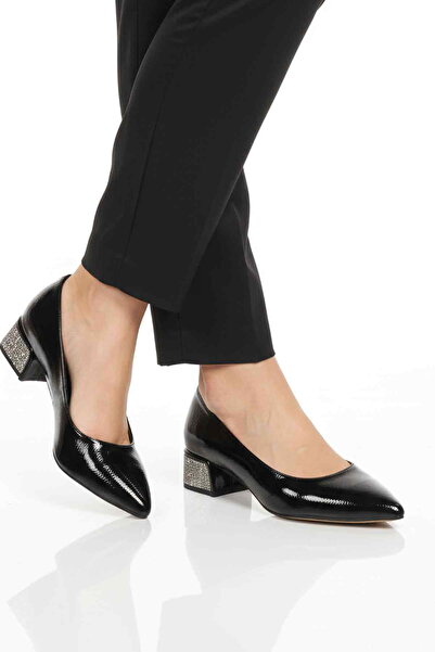 Aspor Black Crinkled Stone Embellished Women's Heeled Shoes