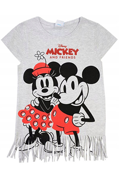Minnie Mouse Памук тениска с къс ръкав и ресни за момичета, сива, 134 см, 9 г...