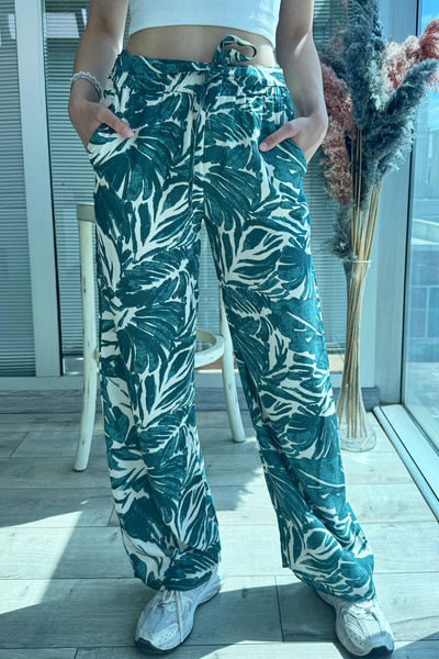 zenne Patterned Elastic Waist Comfortable Fit Wide-Leg Pants Dark Green