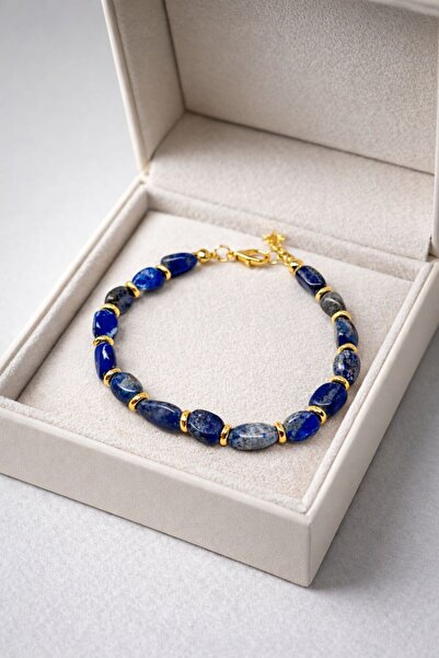 Agatella Tasarım Lapis Lazuli Natural Stone Bracelet with Gold Detail, Stylis...