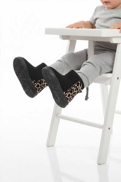 Aspor Black Leopard Fur-Lined Zippered Baby Girl Flat Boots