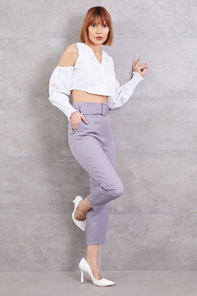 zenne بنطال بحزام خصر عالي رمادي