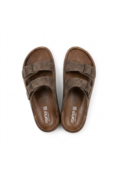 Foxter Daily Men's Slipper Soft Leather Orthopedic Anti-Sweat Non-Slip Sole Buckled Sea Pool Outdoor