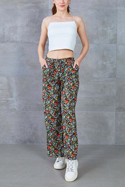 zenne Patterned Elastic Waist Comfortable Fit Wide-Leg Pants Orange